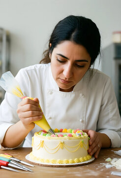 Professional baker decorating a yellow frosted cake with colorful icing using a piping bag and pastry tips, the skilled woman in a chefs uniform demonstrates precision and creativity