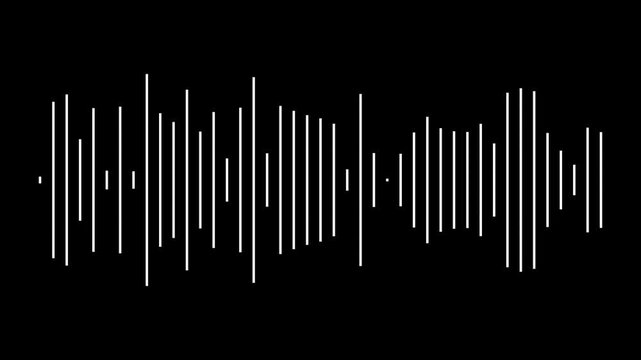 Modern white sound equalizer wave jumping dynamically, digital audio frequency spectrum bars, minimal voice recording level indicator, clean music beat waveform on black background. 4k video
