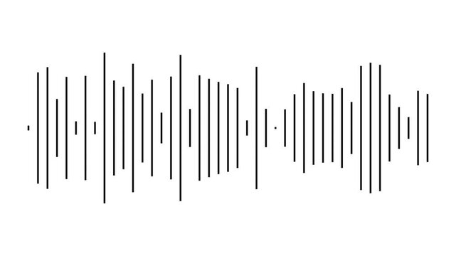 Black audio frequency bars jumping to music rhythm, modern digital sound wave equalizer display, clean voice recording level waveform, minimalist radio sound spectrum on white background. 4k video