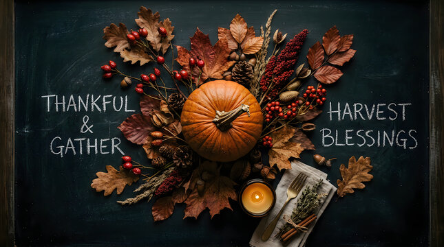 Thanksgiving dinner place setting on blackboard with pumpkin, autumn leaves and text thankful and harvest blessings