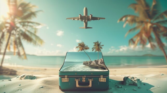 Creative travel concept showing an open suitcase transforming into a tropical beach with white sand, turquoise sea, palm trees and a miniature airplane under bright summer sunlight.