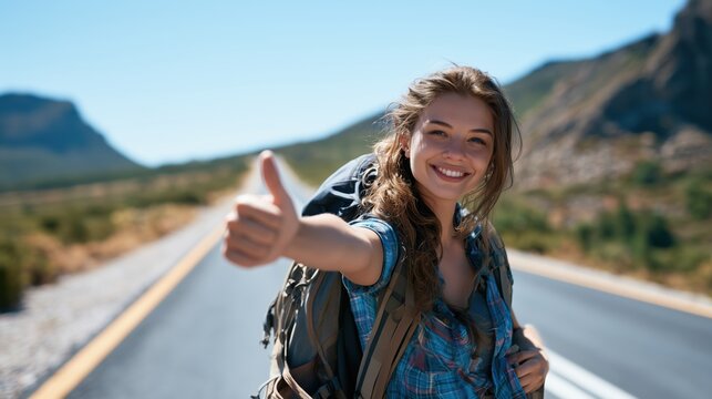 Young female traveler with a hiking backpack hitchhiking on a scenic mountain road, smiling and giving a thumbs-up gesture against a beautiful summer landscape and clear blue sky.