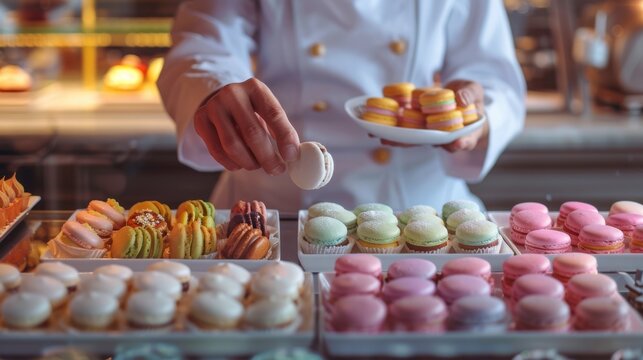 Elegant pastry chef carefully arranging colorful artisan macarons in a luxury dessert box while a customer waits at the counter, surrounded by a sophisticated confectionery interior and natural daylig
