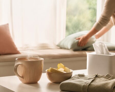 La persona organiza almohadas y sirve una bebida caliente en una mesa durante una tarde tranquila en casa