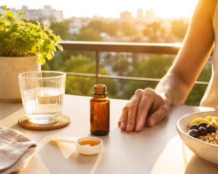 Momento de desayuno en una terraza con botella y comida saludable por la ma&ntilde;ana