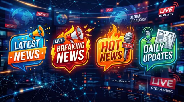 Four vibrant news banners with graphic elements depict current events and global broadcasting information announcement broadcast breakingnews communication currentaffairs