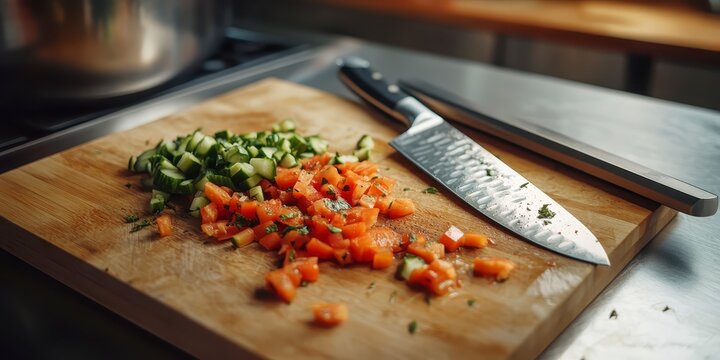 Diced tomatoes and cucumbers on a wooden cutting board, usa labor day themed photo realistic photo