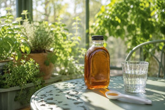 Frasco de jarabe en una mesa con un vaso de agua en un invernadero lleno de plantas