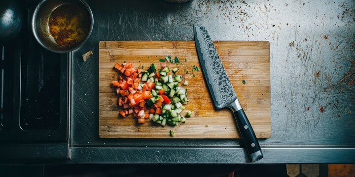 Diced tomatoes and cucumbers on a wooden cutting board, usa labor day themed photo realistic photo