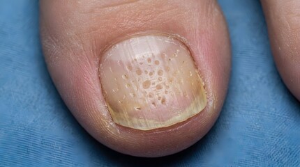 Fototapeta premium Pitting in human toenail surface with multiple small indentations for clinical diagnosis.