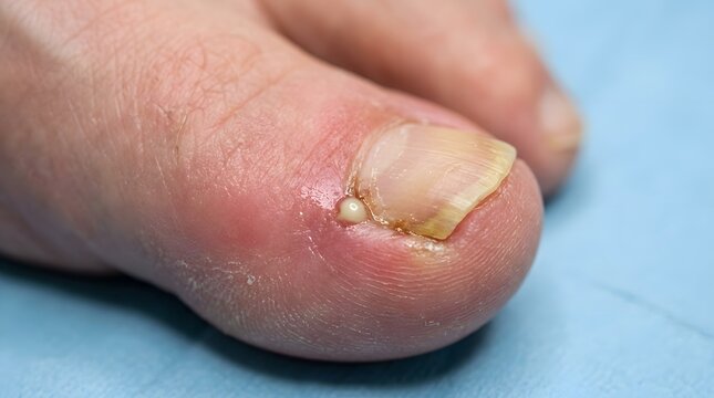 Ingrown toenail on big toe with pus and surrounding skin inflammation close up.