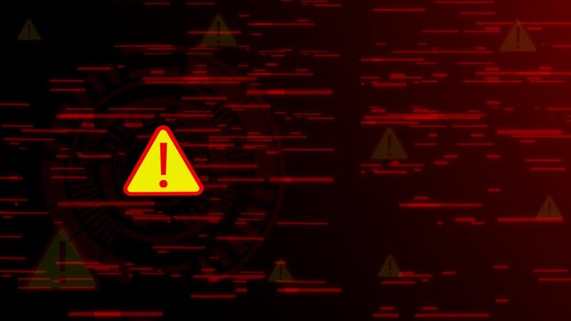 Hacking concept. Attention warning attacker alert sign and computer security protection notify danger. Technology red background
