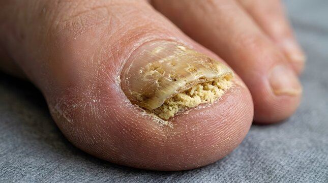 Onychomycosis infection on big toenail with yellow thick keratin buildup and fungal decay.