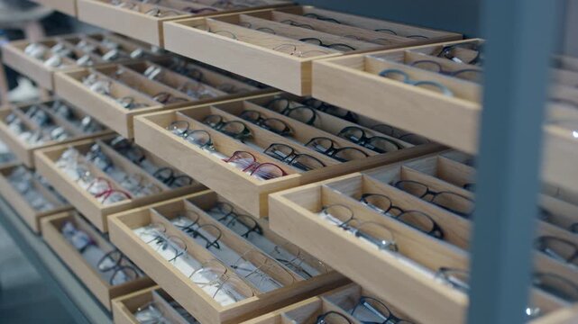 Rows of eyeglasses displayed in wooden drawers at optical store