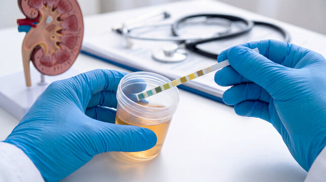 Gloved doctor dipping a test strip into a urine sample jar, with a kidney model and stethoscope on the table