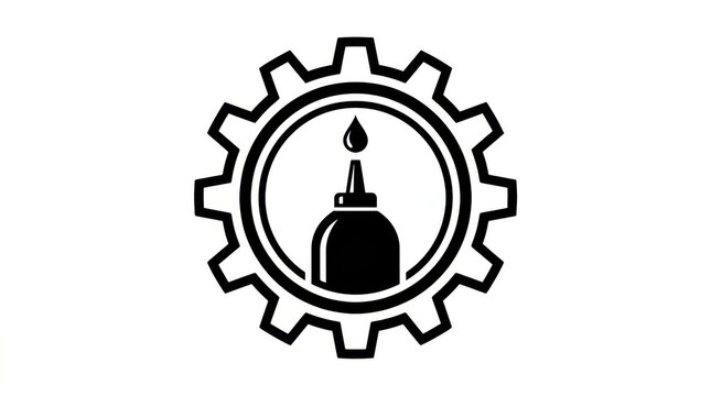 A black silhouette of an oil drop dispensing from a can within a circular gear mechanism is displayed automotive