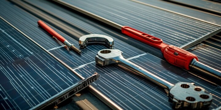 Adjustable wrench and metal components on a solar panel surface, usa labor day themed photo realistic photo