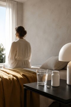 Mujer observa por la ventana mientras est&aacute; sentada en una habitaci&oacute;n con luz natural en un d&iacute;a claro
