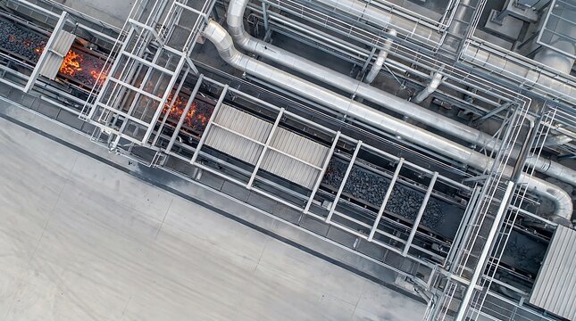 Aerial view of a clinker cooler processing red hot cement clinker inside industrial plant.