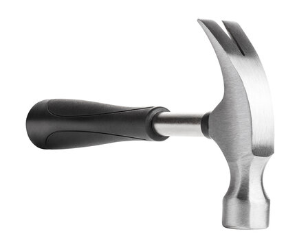 Metal carpenter hammer with ergonomic grip, isolated on transparent cutout background