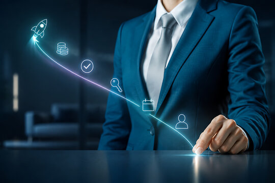Business professional touching glowing trajectory curve with icons illustrating personal career progression financial investment project development startup launch