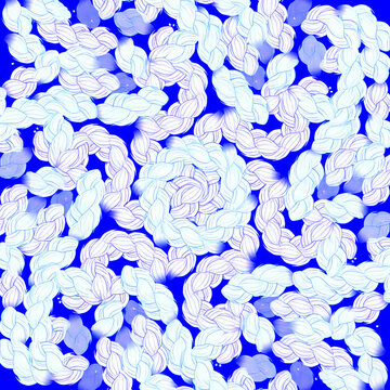 Abstract pattern featuring intertwined white rope loops and knots on blue