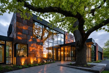 Fototapeta premium Modern building with copper-clad facade and large glass windows. Tree with thick trunk
