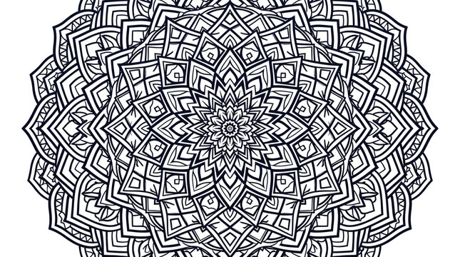 Intricate mandala coloring page, black and white circular geometric pattern, detailed floral kaleidoscope ornament for stress relief