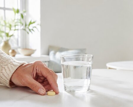 Una mano toma una pastilla amarilla junto a un vaso de agua en una mesa clara por la ma&ntilde;ana en un ambiente simple