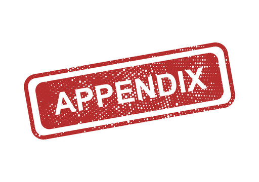 Red rectangular rubber stamp with the text appendix in white, featuring a distressed grunge texture on a solid black background, isolated isolated on a transparent background