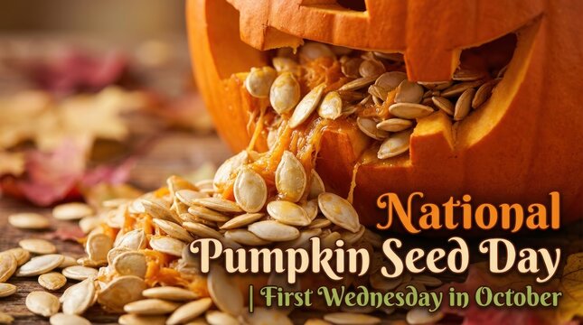 A carved pumpkin spills numerous seeds onto a rustic wooden surface celebrating national pumpkin seed day autumnal celebration close-up