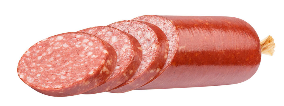 Smoked salami sausage partially sliced into thick pieces, isolated on transparent cutout background