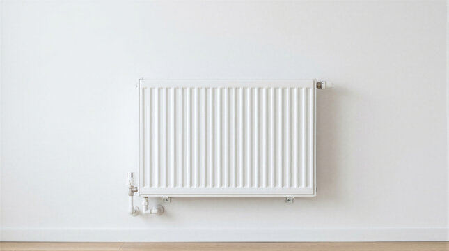 White wall mounted radiator with thermostat in a minimalist room. Central heating system for household comfort, energy efficiency, renovation, maintenance, and interior design.