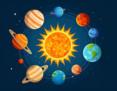 Solar system with planets and bright sun illustration.