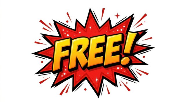 A vibrant comic book style free text burst illustration features a red and black starburst shape on a white background