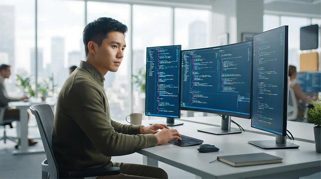 Software developer working at multiple monitors displaying code in a modern office workspace