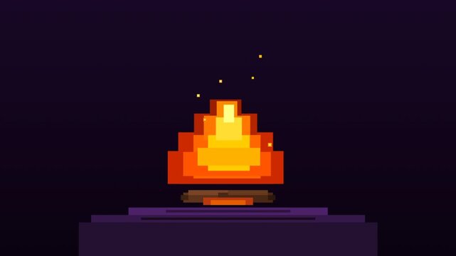 Pixel art campfire at night video scene.