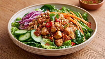 Fototapeta premium Tender chicken pieces sit atop fresh greens.