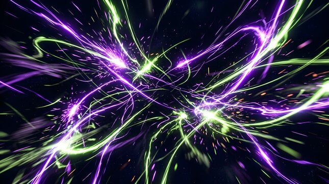 Abstract neon purple and green light trails background. Dynamic glowing energy lines and space particles. Futuristic cyber science visual. Digital motion blur effect. Dark universe cosmos