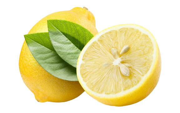 Whole and halved lemons with fresh green leaves, isolated on transparent cutout background