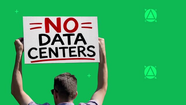 Protester holds a handmade No Data Centers sign over green screen, illustrating public opposition to data center development and construction. Tracking points for background integration. 15293