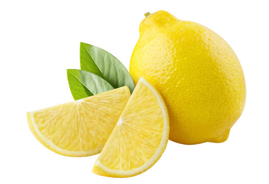 Whole lemon with two juicy wedges and green leaves, isolated on transparent cutout background