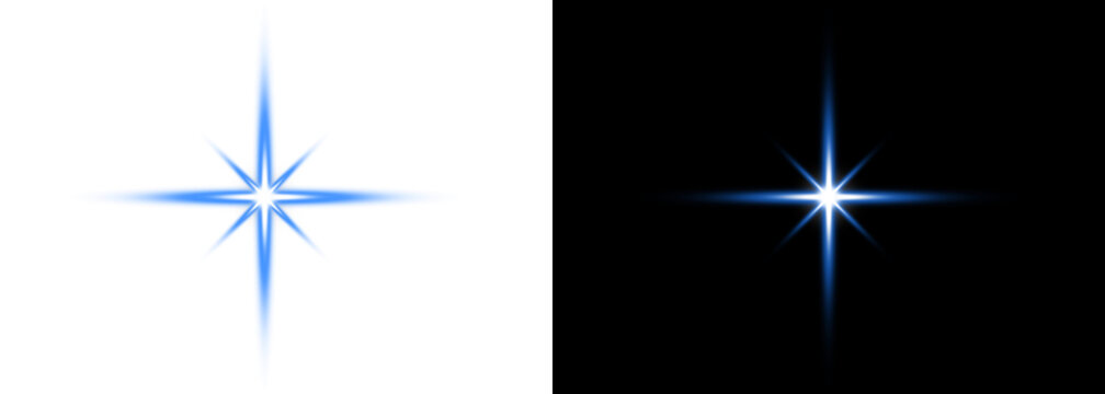 Blue glowing starburst light effect shown on white and black backgrounds. Radiant four-point sparkle creates a clean luminous highlight. Perfect for overlays, logos, festive graphics, and digital desi