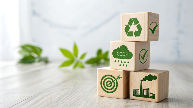 Wooden blocks with ecofriendly icons representing sustainability, climate change, and corporate environmental responsibility