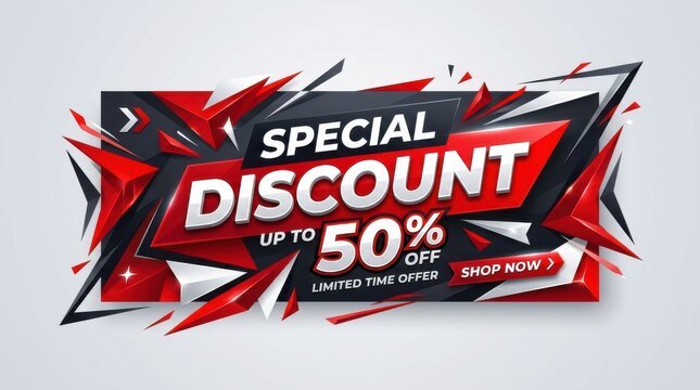 A dynamic red and black discount banner with sharp geometric shapes presents a limited time offer promotion sale vector