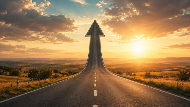 surreal road transforming into upward arrow over landscape at sunset