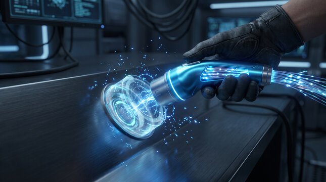 Gloved hand connecting futuristic electric power cable to glowing circular port in industrial setting with nozzle glowing interface