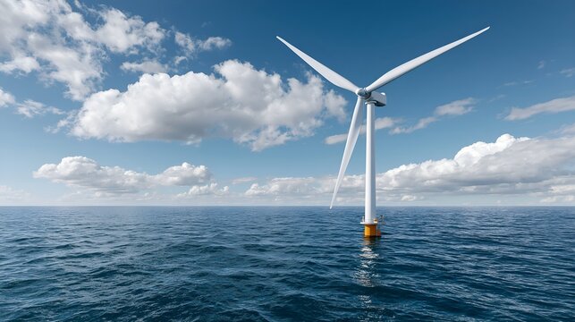 Single wind turbine stands on ocean surface.
