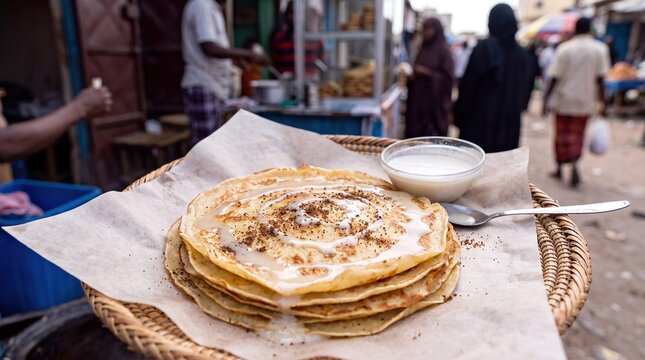 Somali Malawah Crepes with Sweet Coconut Milk and Anise served on a Bustling Market Street