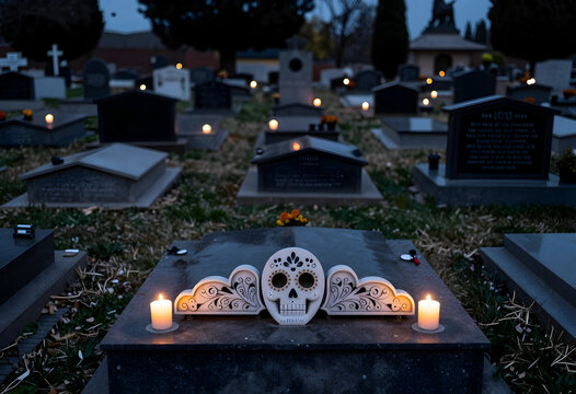 Day of the dead sugar skull decoration with lit candles on a tombstone in a cemetery at dusk, Cultural tradition of honoring deceased loved ones during the holiday